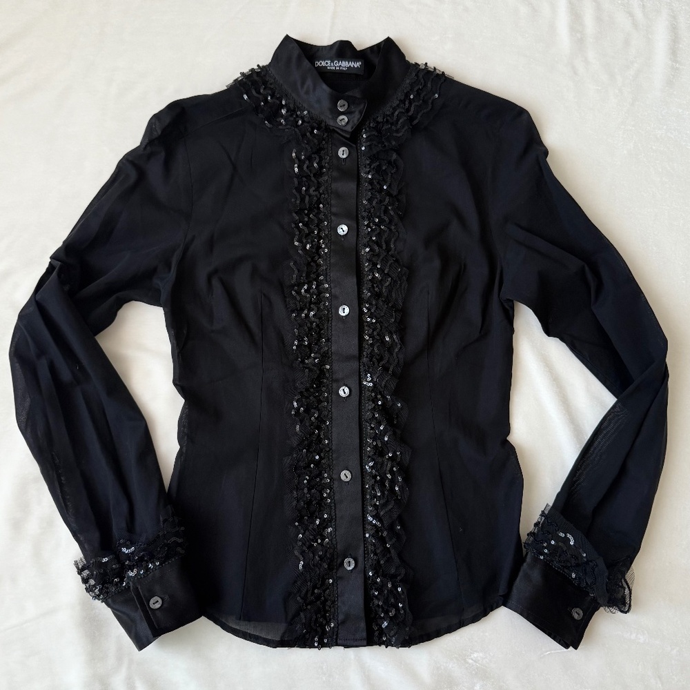 Vintage Dolce & Gabbana Semi Sheer Sequin Ruffle Silk Shirt Blouse XS